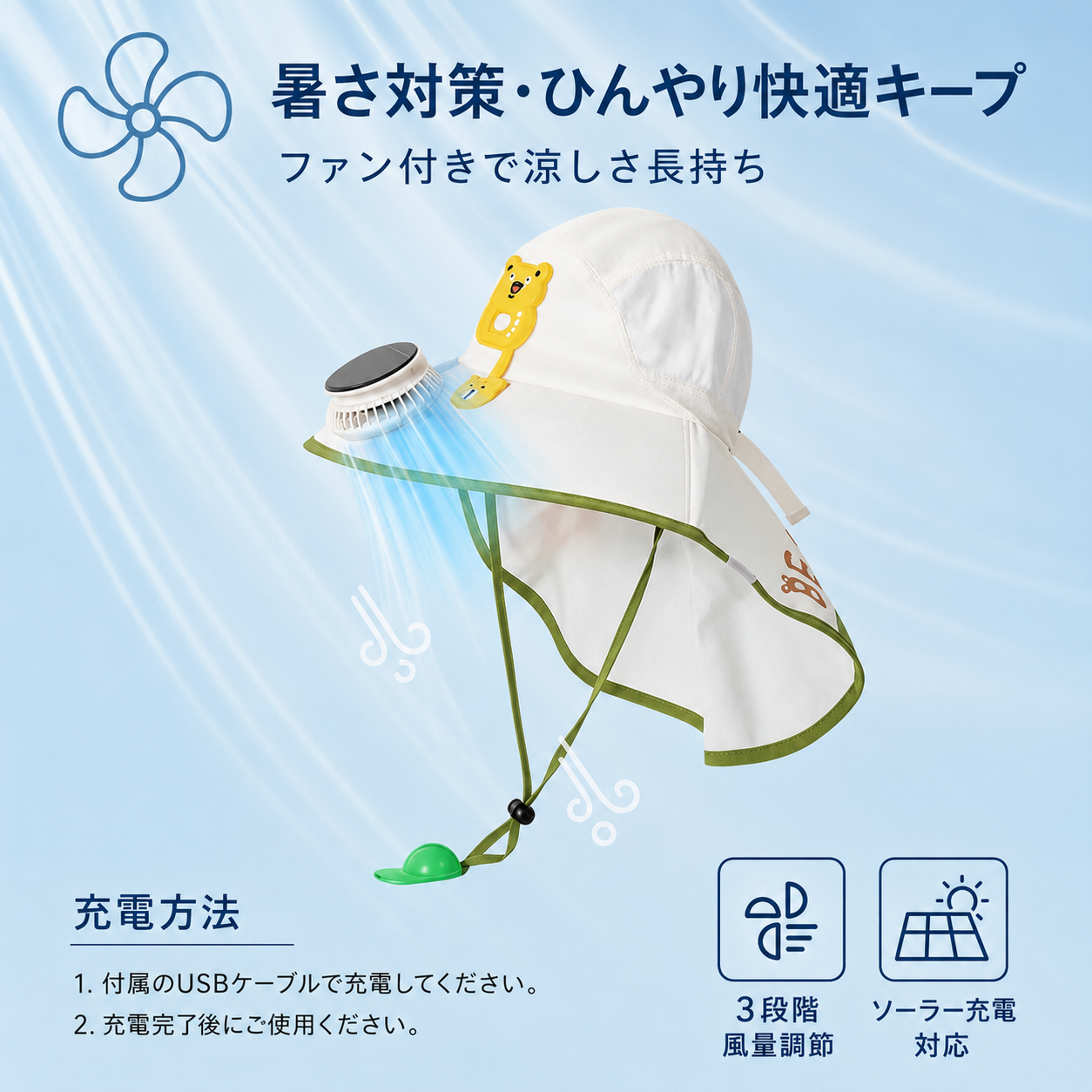 【ママ大助かり】ソーラー&USB充電式 冷却ファン付き サンハット UPF50+ 紫外線対策 子供 男の子 女の子