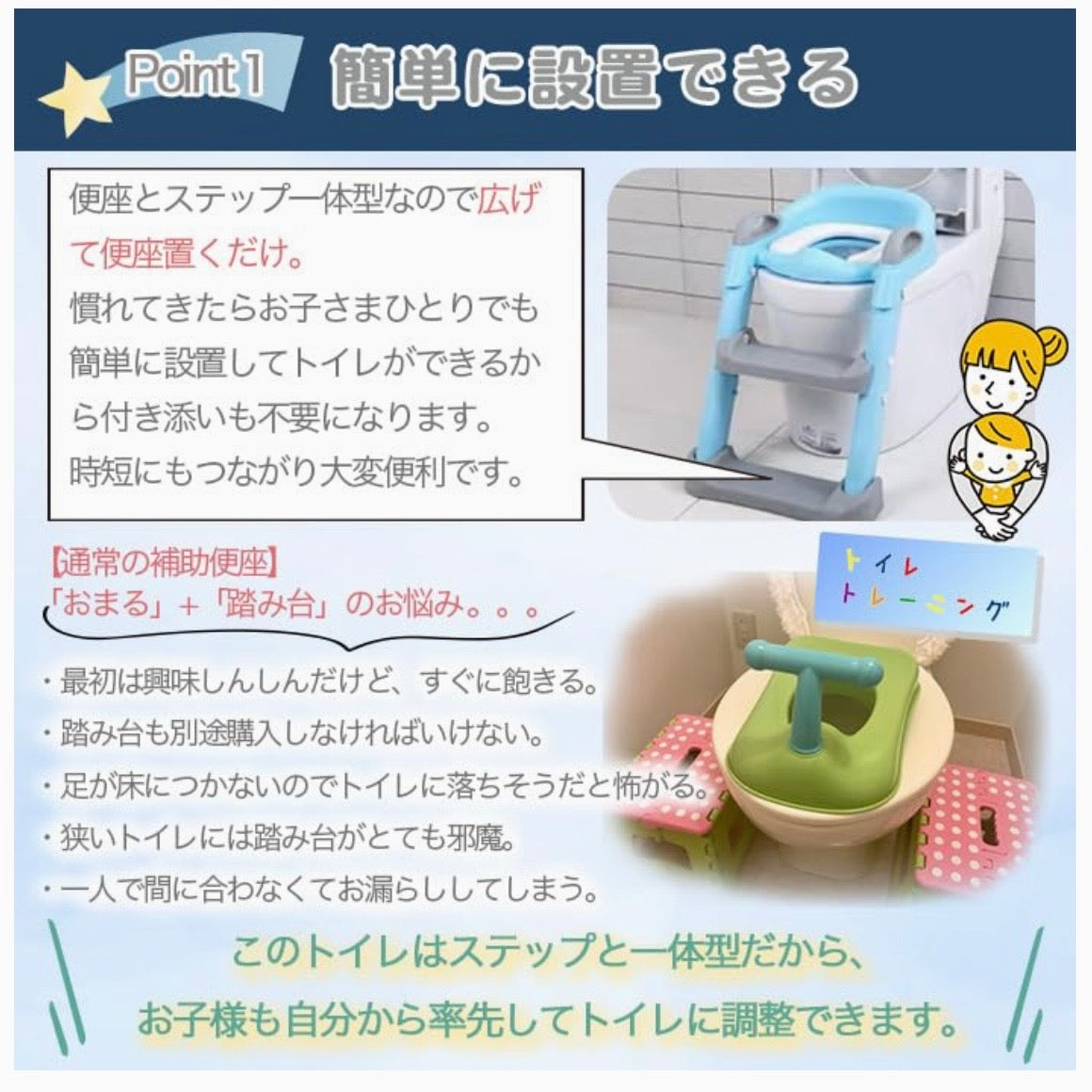 【ママ大助かり】子どもがひとりでトイレできた！ステップ一体型補助便座 安心・安全設計 折りたたみ収納