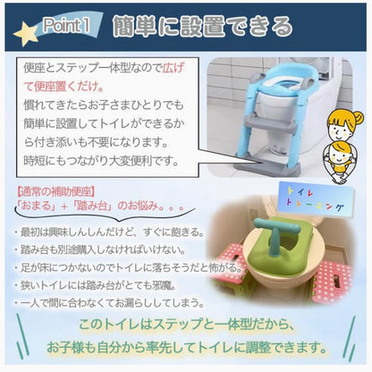 【ママ大助かり】子どもがひとりでトイレできた！ステップ一体型補助便座 安心・安全設計 折りたたみ収納